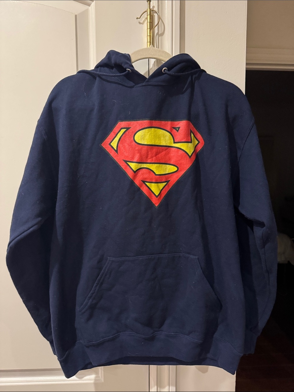 Jerzees Navy Hoodie with Red and Yellow Superman Emblem SZ L